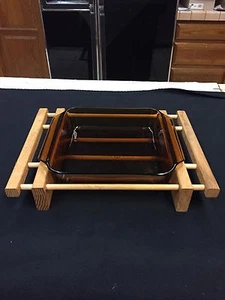 "Cazuela Plato ANCLA HOCKING Ámbar 8"" x 8"" Cuadrado #435 - ¡Con Estante de Madera! - Imagen 1 de 6