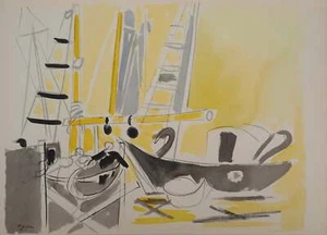 Edouard PIGNON : Belgique, bateaux à Ostende, Lithographie signée - Picture 1 of 6