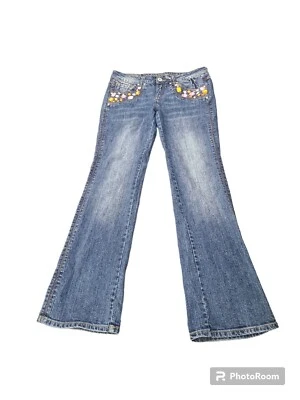 Pantalones de mezclilla azules gemas oro rosa pedrería mujer talla 31 REQUEST   Foto 1 de 4