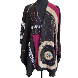 Chicos Cape Knit Sweater OS Embroidered Beaded Boho Art to Wear Lagenlook Boho - Picture 1 of 11
