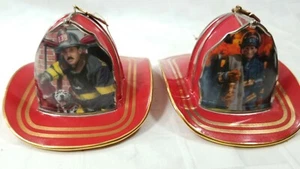 TWO Vtg 2002 Xmas Ornament RED FIREFIGHTER HELMETS Bradford Porcelain 5" LONG - Picture 1 of 9