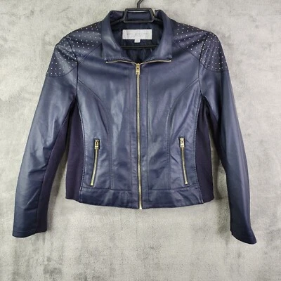 Chaqueta de motociclista Andrew Marc para mujer imitación cuero azul marino con tachuelas hombro L Foto 1 de 4