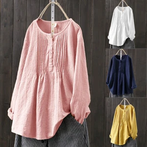 Womens Casual Cotton Linen Long Sleeve Tunic Tops T-Shirt Baggy Blouse Plus Size - Picture 1 of 16
