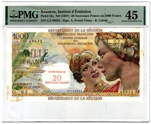 1967 Reunion Banknote P55a 20 New Francs French Territory PMG - Picture 1 of 2