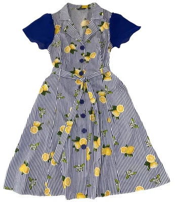 Vestido Mlle Gabrielle L Azul Rayas Estampado Limón Acampanado con Cinturón *mangas añadidas Foto 1 de 4