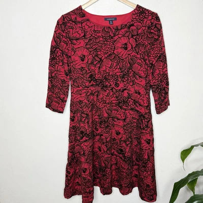 Lands End Red Black Velvet Floral Fit And Flare Dress 3/4 Sleeve Women’s Medium  - Image 1 of 4