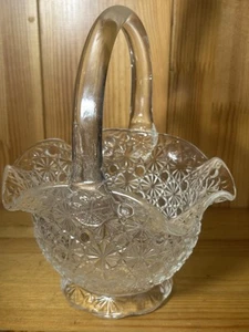 VTG Glass Crystal Button Basket with Handle - Clear - Stars - Fluted Edge 7.5” - Picture 1 of 9