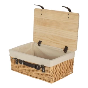 36cm Buff White Lined Willow Empty Picnic Basket with Pinewood Lid - Picture 1 of 4