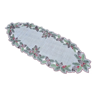 St. Nicholas Square Holly Linen Table Runner 13"X35" Pinecone Woodsy Country EUC - Image 1 of 4