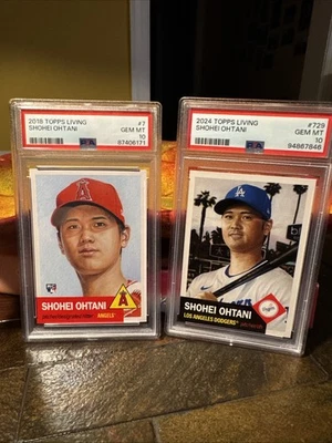 2018 Topps living Shohei Ohtani RC  PSA 10. RC #7 & 2024 #729  MVP - Image 1 of 4
