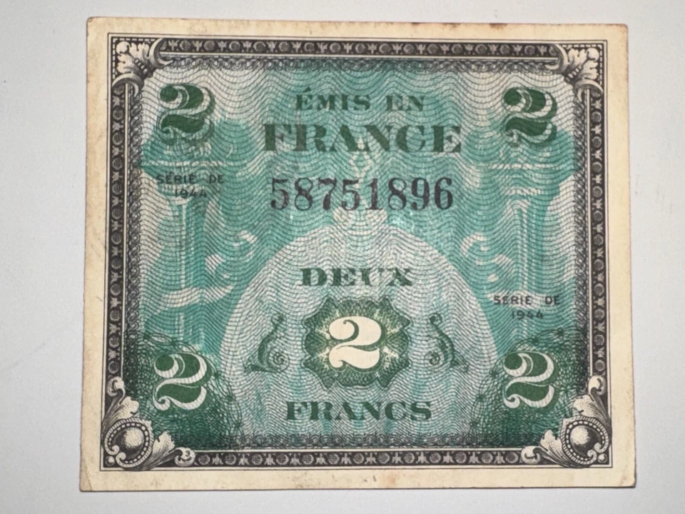 1944 WWII Allied Military Currency France 2 Francs Note Liberation Era - Image 1 of 2