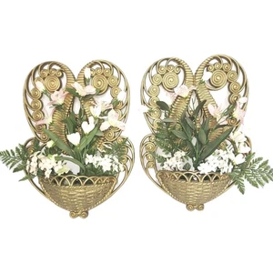 Par de bolsillos de pared MCM dorado burwood maceta imitación mimbre 16" decoración del hogar - Imagen 1 de 10