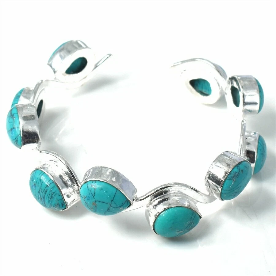 Beautiful Turquoise Gemstone 925 Sterling Silver Handmade Jewelry  Bangle S 7-8" - Image 1 of 1