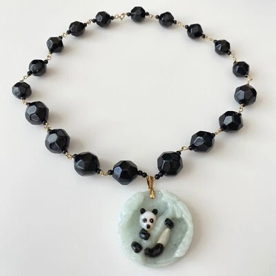 Vintage 14k Yellow Gold Jade Mother Of Pearl Onyx Panda Bear Beaded Necklace Foto 1 de 4