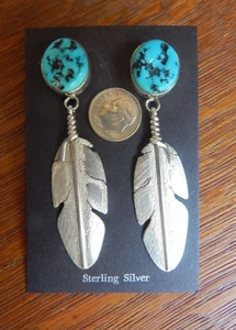Pendientes colgantes vintage Ben Begaye navajo pluma turquesa plata de ley - Imagen 1 de 8
