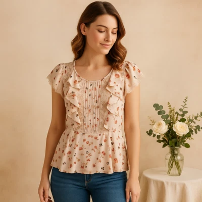 Lauren Conrad Floral Lace Ruffle Blouse Peplum Style Romantic Cottagecore Medium - Image 1 of 4