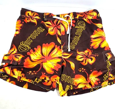Corona Extra Floral Brown Orange Swim Trunks 40" Waist Drawstring Side Pocket - Изображение 1 из 4