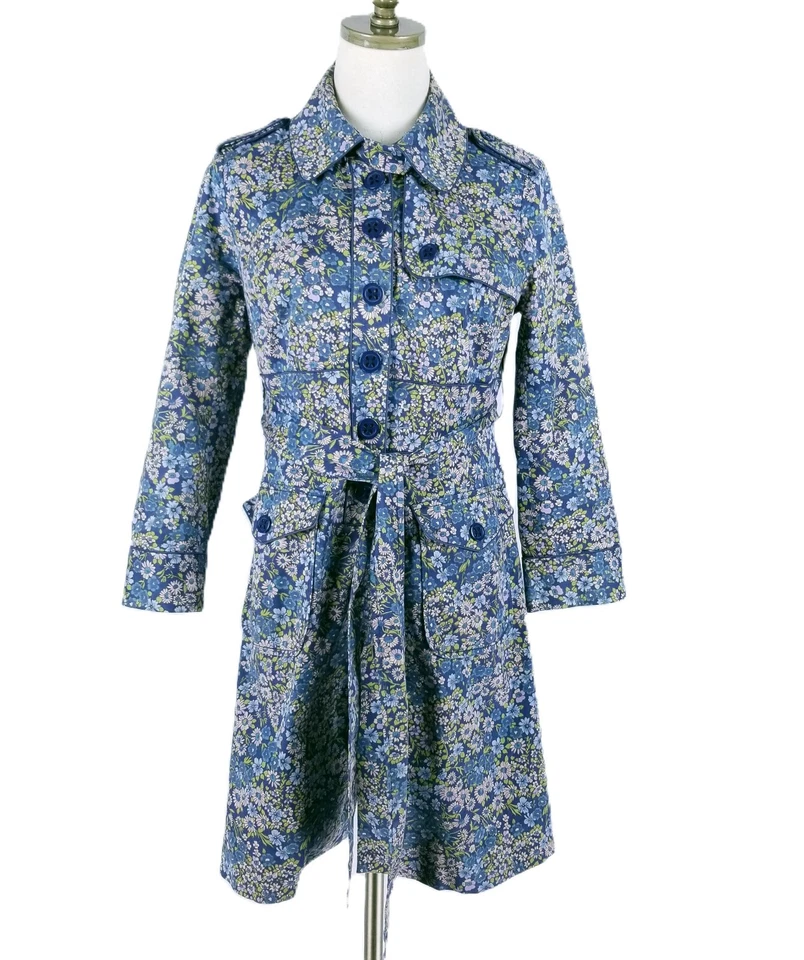 Anthropologie Elevenses Glajevica 尺寸 4 蓝色花卉 Cottagecore 风衣 — 第 1/4 张图片