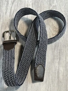 MEN'S WOVEN BELTS Blue & White Nylon Cords Dark Brown Trims stainless Buckle L - Picture 1 of 14