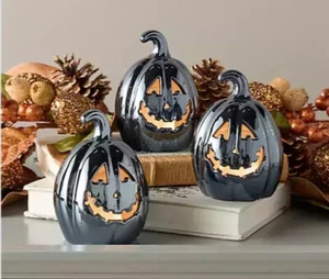 Set of 3 Illuminated Ceramic Jack-O-Lanterns by Valerie - Black - Picture 1 of 3
