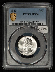 1943 25c Washington Silver Quarter - PQ White Coin - PCGS MS66 - SKU-X5316 - Picture 1 of 2