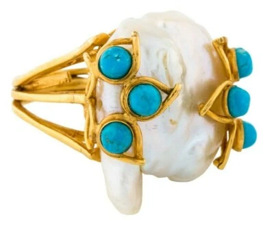 ANILLO BOUNKIT Chapado en Oro Perla Turquesa Piedras Preciosas Talla 5.5 Cóctel Foto 1 de 4