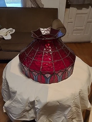 Vintage 18+Inch Tiffany Style Stained Slag Glass Ceiling Light ROUND CHANDELIER  - Image 1 of 4