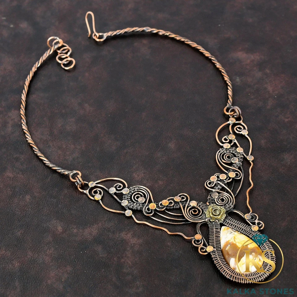 Collar de flores envueltas en alambre artesanal cadena mookaite brechada natural de cobre Foto 1 de 1