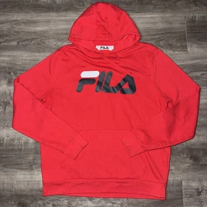 FILA Hoodie Sweatshirt Large Red Classic Logo Men’s Graphic Spell Out Pockets - Picture 1 of 8