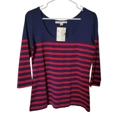 NUEVO CON ETIQUETAS Camisa Boston Propia Para Mujer Cuello Barco Azul Marino Rojo Rayas Algodón Spandex M Foto 1 de 4