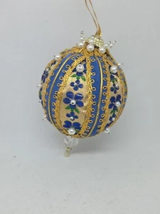 Adorno vintage con cuentas terciopelo azul dorado borde redondo 4,5 pulgadas - Imagen 1 de 6
