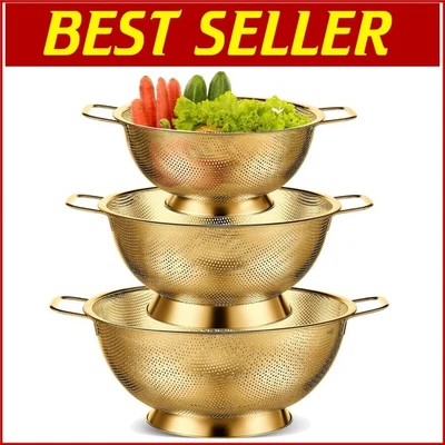 Juego de coladores de acero inoxidable dorado de 3 piezas: coladores de cocina elegantes y versátiles Foto 1 de 4
