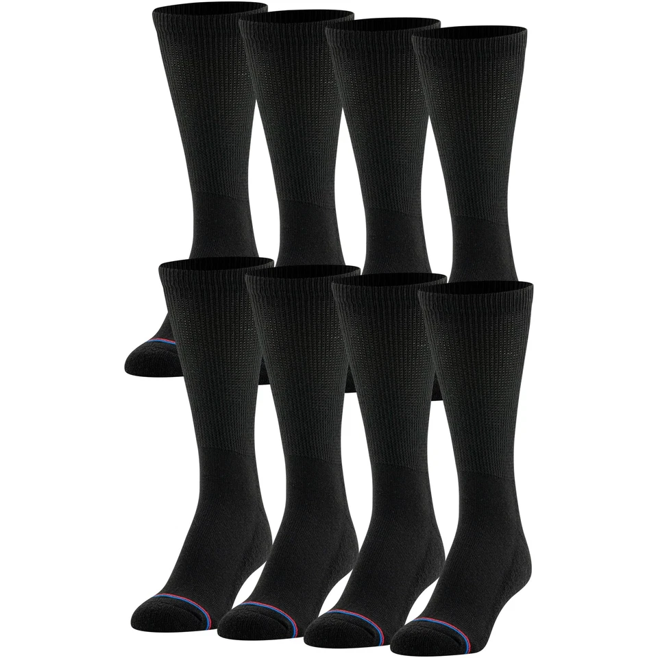 MediPeds 8 Pair Diabetic Crew Socks With Non-binding Top Black Shoe Size Men
