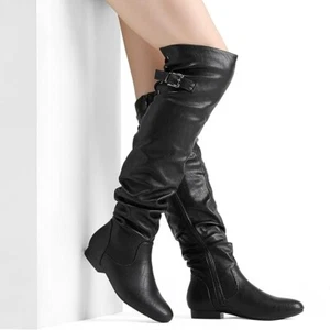 Women's Over The Knee Thigh High Winter Boots Classic Low Heel Zip Black Smooth - Picture 1 of 10