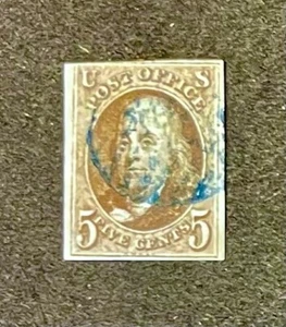 mystamps US #1, 5 cent Franklin, 1847 the first US stamp, used, Certified Crowe - Picture 1 of 3