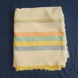 Vintage Yellow Tablecloth & 8 Napkins check frayed edges check striped 81 x 48" - Foto 1 di 18