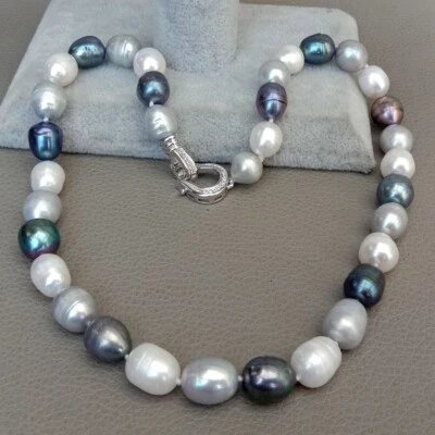 Freshwater Black Gray White Rice Pearl Mixed Color Pearl Necklace For Women 17" - Image 1 of 4