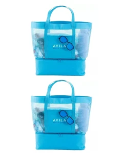 (2 Pack) Striped Mesh Tote Blue Large Beach Bag Cooler Women - Picture 1 of 2