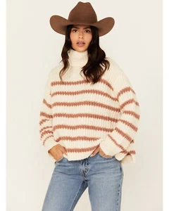 Sadie & Sage Striped Turtleneck Sweater Women's M Ivory/Brown Pullover L/S - Picture 1 of 13