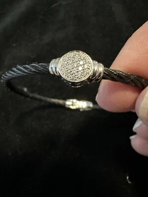 ALOR  18K White Gold Round Pave Diamond Black SS Cable Bracelet - Image 1 of 4