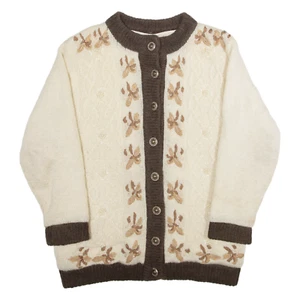Vintage gefüttert Perlen Damen gemustert beige Wolle 80er Blumen Grobstrick L - Bild 1 von 6