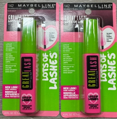 2 Maybelline GREAT LASH LOTS OF LASHES Mascara #142 Brownish Black WASHABLE NEW - Image 1 of 3