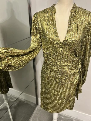 Vestido envolvente Monzón dorado lentejuelas talla 10 nuevo con etiquetas precio de venta sugerido por el fabricante 140 GBP fiesta Navidad Año Nuevo Foto 1 de 4
