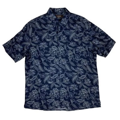 Camisa Tasso Elba Azul Marino Floral Cachemira Seda Mezcla Lino XL Manga Corta Aloha Foto 1 de 3
