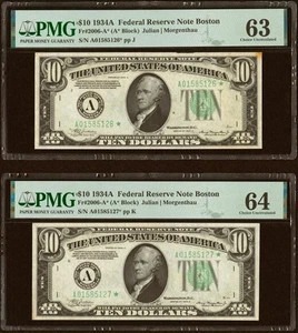 1934 A $10 TWO CONSECUTIVE FEDERAL RESERVE STAR NOTE BOSTON CHOICE 64 & 63 - Picture 1 of 2