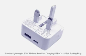 Slimline Ligero 20W PD Doble Puerto Carga Rápida USB-C + USB-A Enchufe Plegable - Imagen 1 de 10