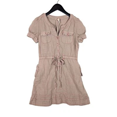 MAEVE Sz 0 Anthropologie 100% Linen Taupe Romper Shirt Dress Mini Tie Pockets - Image 1 of 4