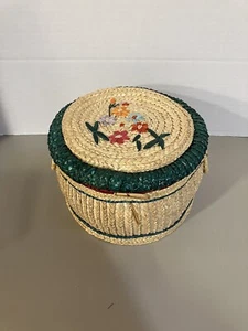Woven Sewing Basket Vintage Wicker w/ Colored Raffia Flowers 8" Round With Lid - Picture 1 of 8