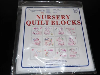 Jack Dempsey Stamped White Nursery Quilt Blocks 9"X9" 12/pkg-Girl Bonnet 300 21 - Image 1 of 3