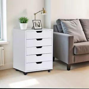 5 Drawers Chest Wood Storage Dresser Cabinet Tower Organizer with Wheels White - Picture 1 of 24
